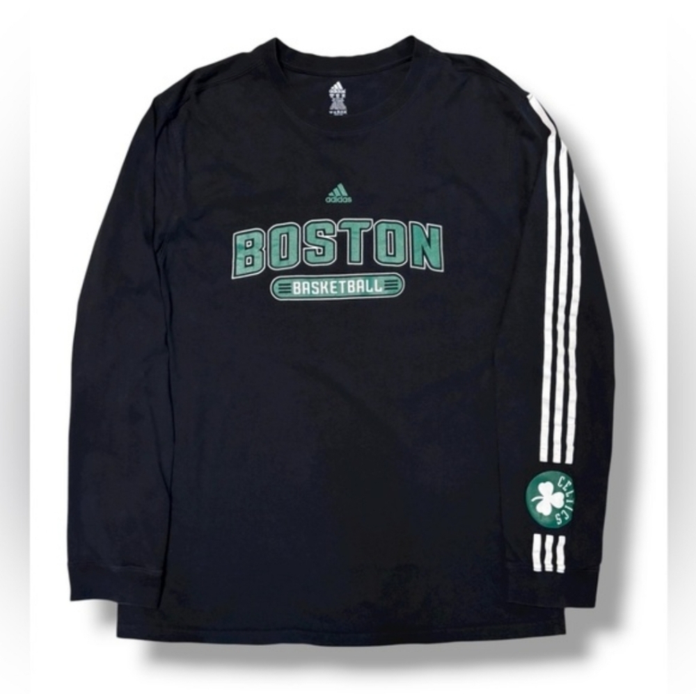 ADIDAS Black Crew Neck Long Sleeve Shirt Boston Celtics Graphic Front & Sleeve